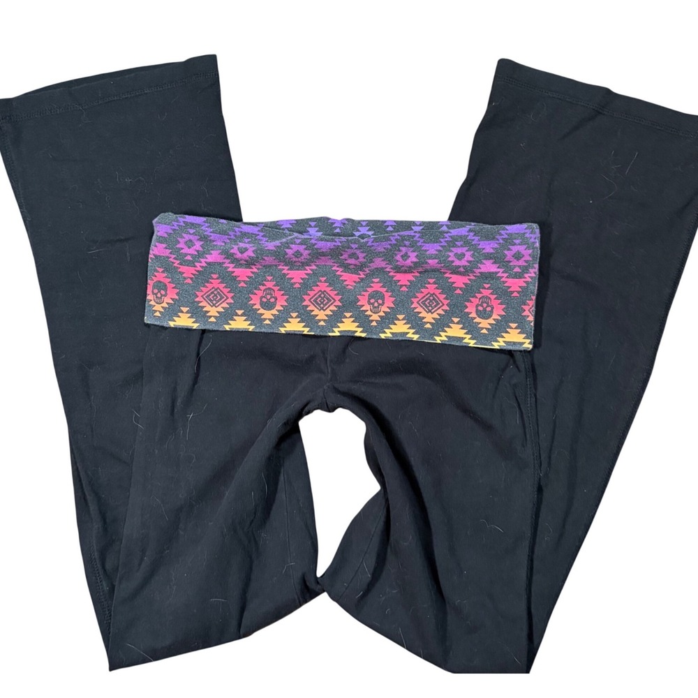 Y2K Grunge Flare Yoga Pants‎ Black Skull Geometric Foldover Waist S